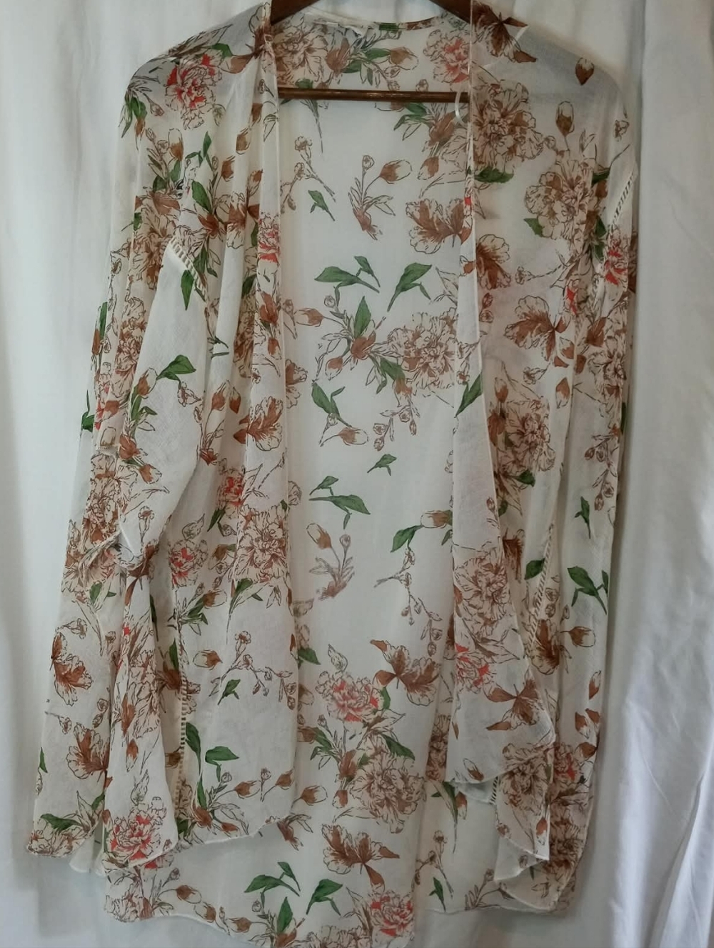emory park Cream Floral Sheer Cardigan Floral Brown Green Boho Hippie Medium